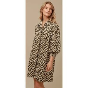 Lavi Aurora Button Front Shirt Dress Beige Black Geo Print Womens Small AS IS